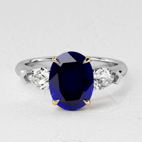 3 Carat Oval Shape Natural Blue Sapphire / Three Stone Ring / Two Tone Engagment Ring / Pear Lab Grown Diamond / 14k White & Yellow Gold