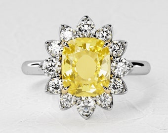 1.5 Karat natürlicher gelber Saphir Kissen Verlobungsring / Halo Naturdiamant / zweifarbiger Ring / Einzigartiges Design / 14k Weiß- und Gelbgold