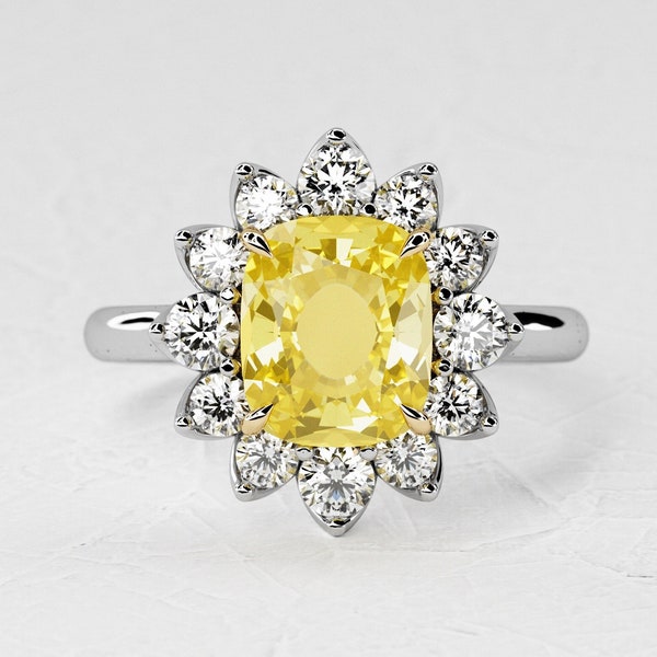 1.5 Carat Natural Yellow Sapphire Cushion Engagement Ring / Halo Natural Diamond / Two Tone Ring / Unique Design / 14k White & Yellow Gold