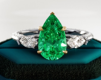 Pear Cut Colombian Emerald Engagement Ring: Marquise Diamond Two-Tone Gold