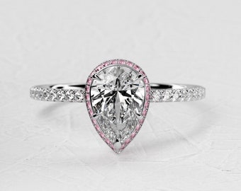 1,5 karaat peervormige Lab Grown Diamond Ring / dubbele Halo natuurlijke roze saffier / Pear Cut Lab Diamond / Pave Diamond Ring