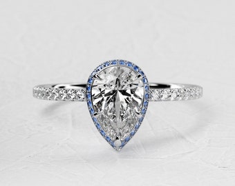 1,5 karaat peervormige Lab Grown Diamond Ring / dubbele Halo natuurlijke blauwe saffier / Pear Cut Lab Diamond / Pave Diamond Ring