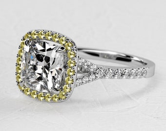 3 karaat kussen Lab Grown Diamond Ring / Halo gele saffier verlovingsring / kathedraal Diamond Ring / 14k witgouden ring