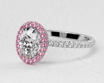 1,5 karaat ovale Lab Diamond Ring / 3D Pave verlovingsring / luxe witgouden ring / dubbele Halo roze saffier / verborgen Halo
