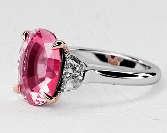 2 Carat Oval Shape Natural Pink Sapphire / Three Stone Ring / Two Tone Engagement Ring / Pear Lab Grown Diamond / 14k White & Rose Gold