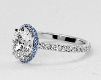 Anello di fidanzamento con diamante ovale coltivato in laboratorio da 2 ct / Pavé 3D / Zaffiro blu Halo a doppio bordo / Pavé completo / Impostazione a basso profilo
