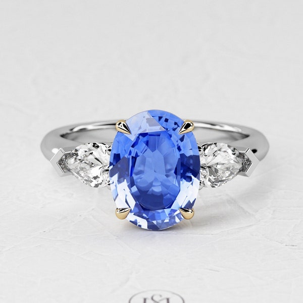 2.5 Carat Oval Shape Natural Blue Sapphire / Three Stone Ring / Two Tone Engagment Ring / Pear Lab Grown Diamond / 14k White & Yellow Gold