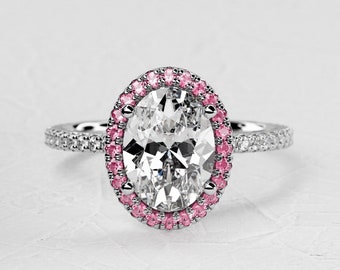 3 Carat Oval Lab Grown Diamond Ring / CVD Diamond Ring / Halo Pink Sapphire Engagement Ring / 14k White Gold ring / High Setting Profile