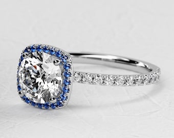 2 Carat Round Lab Grown Diamond / Halo Blue Sapphire Engagement Ring / Hidden Halo / Pave Diamonds / 14k White Gold Ring / Paved Prongs