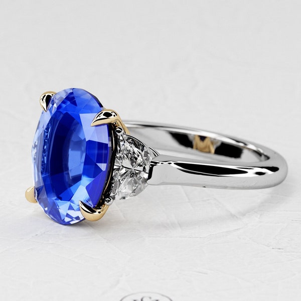2.5 Carat Oval Shape Natural Blue Sapphire / Three Stone Ring / Two Tone Ring / Half - Moon Lab Grown Diamond / 14k White & Yellow Gold