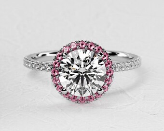 2 Carat Lab Grown Diamond Engagement Ring / Halo Pink Sapphire / Pave Diamonds / 14k White Gold Engagement ring