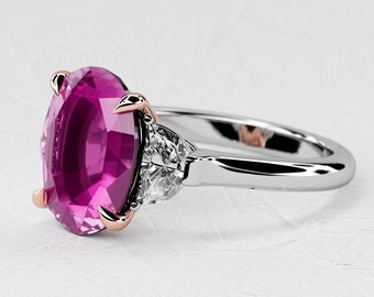 2.5 Carat Oval Shape Natural Pink Sapphire / Three Stone Ring / Two Tone Ring / Half-Moon Lab Grown Diamond / 14k White & Rose Gold
