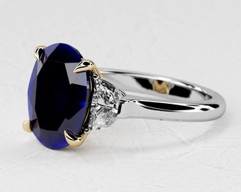 3 Carat Oval Shape Natural Blue Sapphire / Three Stone Ring / Two Tone Ring / Half - Moon Lab Grown Diamond / 14k White & Yellow Gold