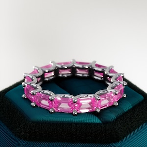3 Carat Emerald Cut Lab Grown Pink Sapphire Band / Eternity Ring / U Shape Emerald Band / Stacking Band / 14k White Gold Wedding Band
