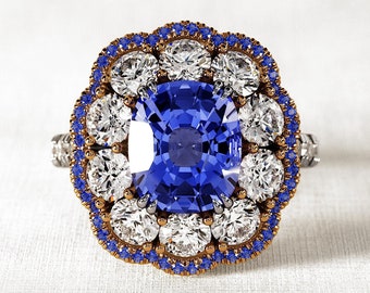 4 Carat Lab Grown Blue Sapphire Engagement Ring: Diamond & Sapphire Halo, Two Tone Gold