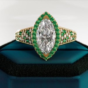 1.5 Carat Lab Grown Diamond Marquise Engagement Ring: Gold Emerald Halo