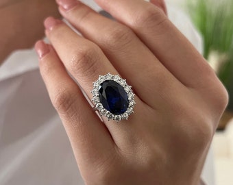7 Carat Oval Blue Sapphire Engagement Ring: Diamond Halo, Platinum Princess Diana