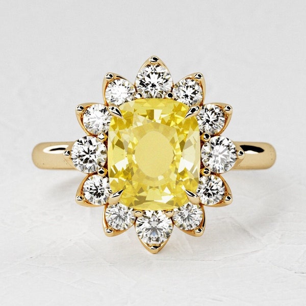 1.5 Carat Natural Yellow Sapphire Cushion Engagement Ring / Halo Natural Diamond / Two Tone Ring / Unique Design / 14k Yellow Gold