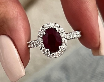 1.23 Carat 8x6mm Natural Ruby / Halo Diamonds / Pave Diamonds / Cathedral Ring / Engagement Diana Ring / 14k White Gold Ring