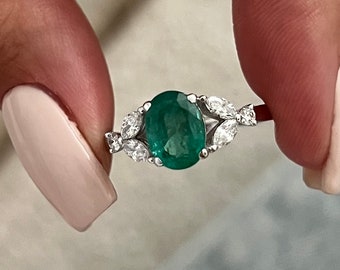 1.3 Carat 8X6mm Natural Emerald Engagement Ring / Nature Inspired Ring / Side Lab Grown Diamonds / 14k White Gold Cluster Ring