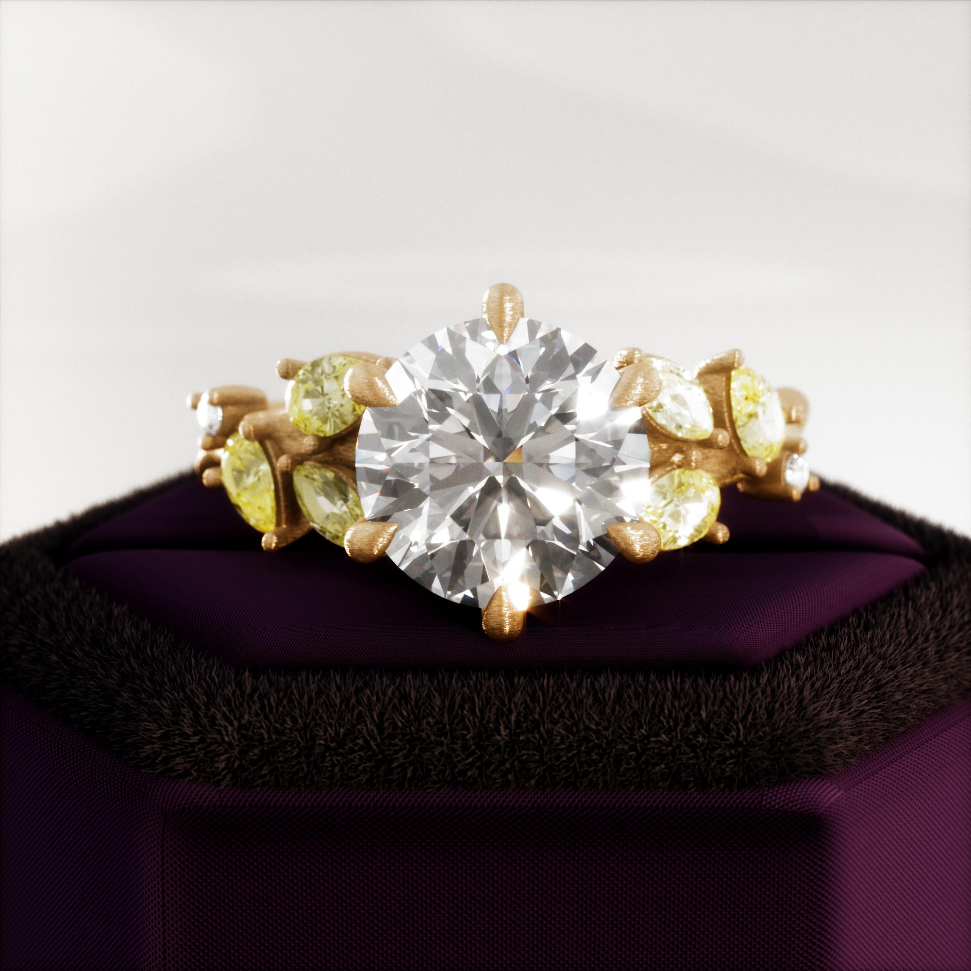 3 Carat Round Lab Grown Diamond Engagement Ring: Brushed Gold, Sapphire Accents