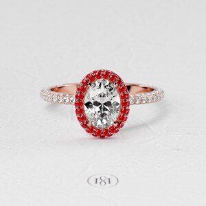 1,5 karaat ovale Lab Diamond Ring / 3D Pave verlovingsring / luxe witgouden ring / dubbele Halo Ruby / verborgen Halo afbeelding 9