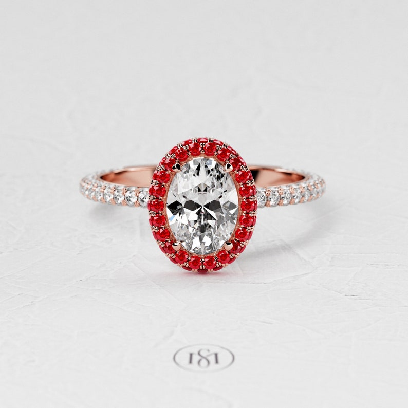 1,5 karaat ovale Lab Diamond Ring / 3D Pave verlovingsring / luxe witgouden ring / dubbele Halo Ruby / verborgen Halo afbeelding 9