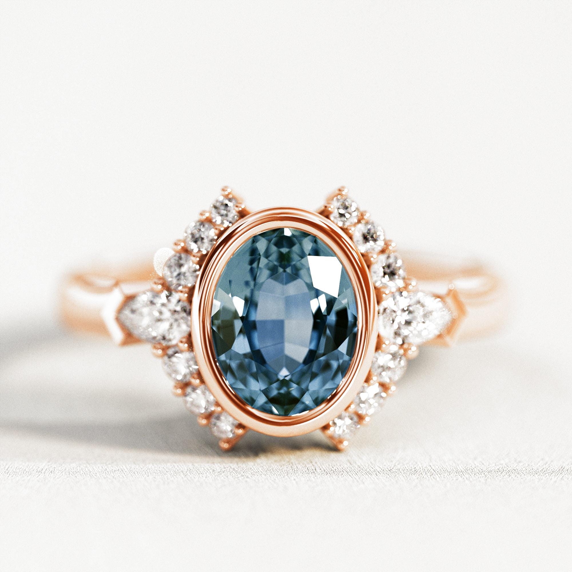 2 Carat Oval Teal Sapphire Ring: Diamond Cluster Gold Setting - Etsy
