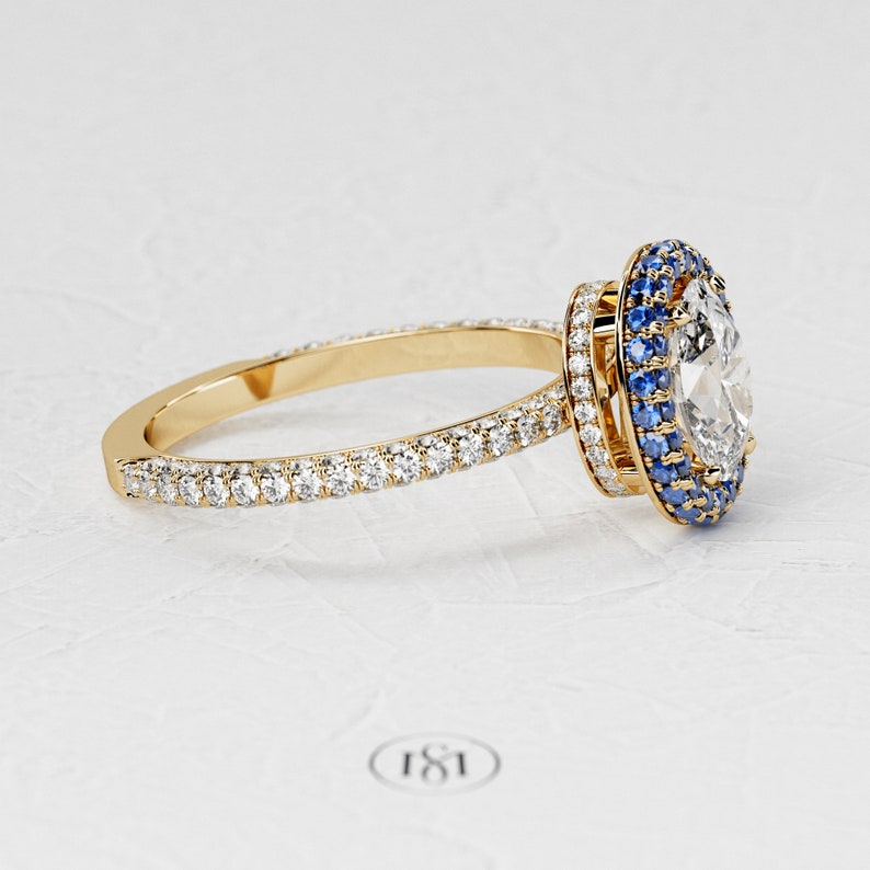 1,5 karaat ovale Lab Diamond Ring / 3D Pave verlovingsring / luxe witgouden ring / dubbele Halo blauwe saffier / verborgen Halo afbeelding 8