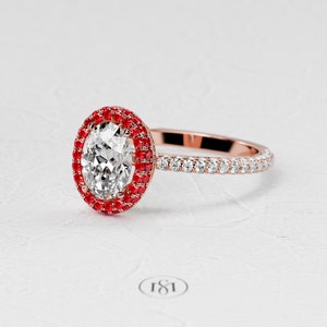 1,5 karaat ovale Lab Diamond Ring / 3D Pave verlovingsring / luxe witgouden ring / dubbele Halo Ruby / verborgen Halo afbeelding 8