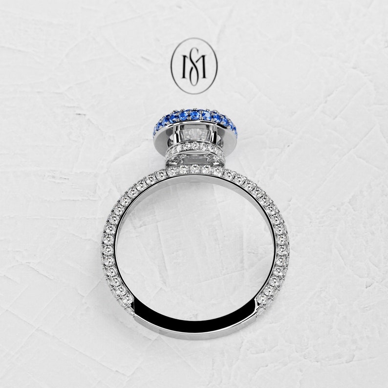 1,5 karaat ovale Lab Diamond Ring / 3D Pave verlovingsring / luxe witgouden ring / dubbele Halo blauwe saffier / verborgen Halo afbeelding 5