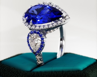 3 Carat Pear Sapphire Ring: Lab Grown Royal Blue, Diamond Halo, Pave Setting