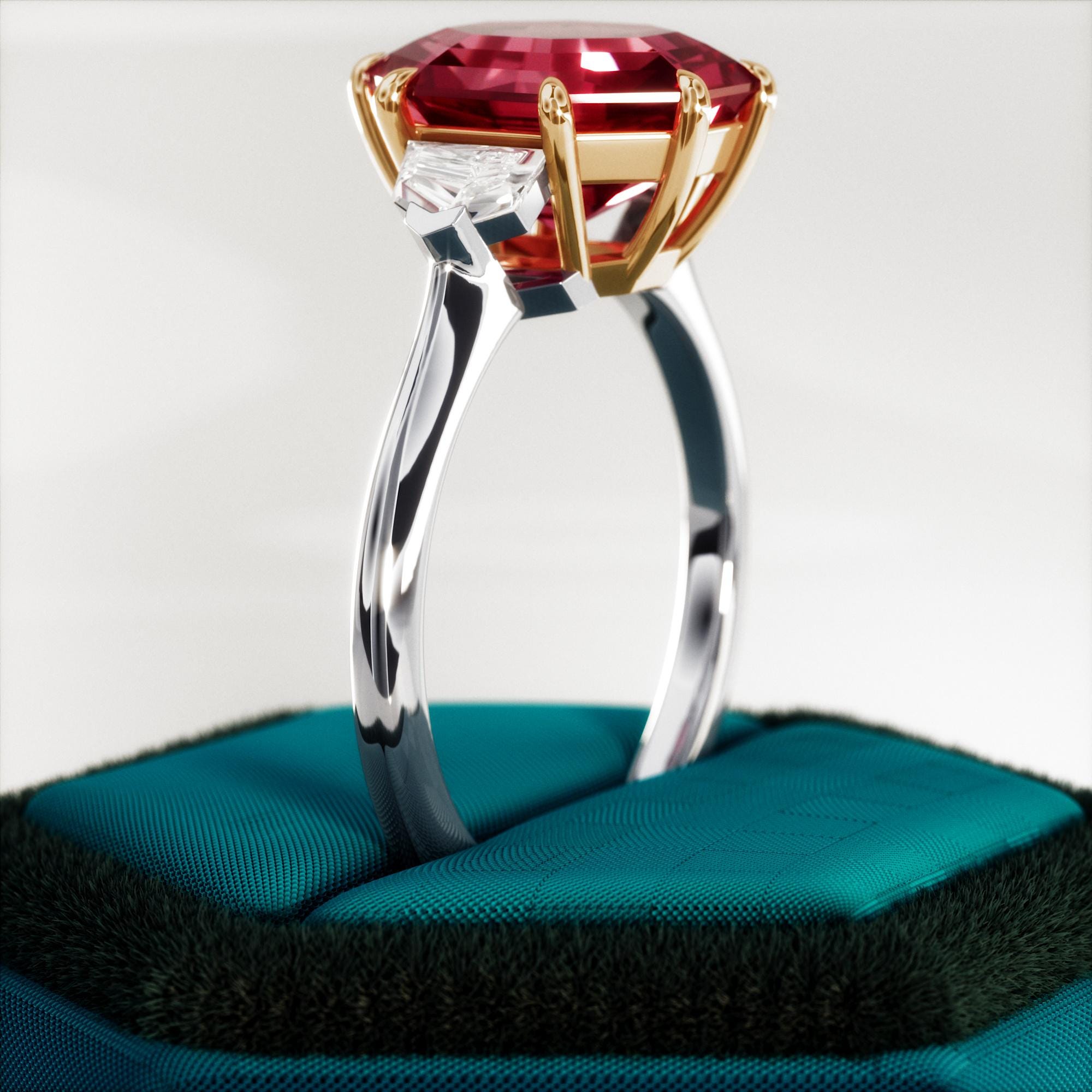 4.5 Carat Octagon Lab Grown Ruby Ring: Three Stone Cadillac