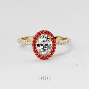 1,5 karaat ovale Lab Diamond Ring / 3D Pave verlovingsring / luxe witgouden ring / dubbele Halo Ruby / verborgen Halo afbeelding 6