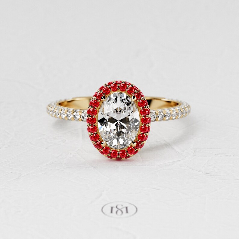 1,5 karaat ovale Lab Diamond Ring / 3D Pave verlovingsring / luxe witgouden ring / dubbele Halo Ruby / verborgen Halo afbeelding 6