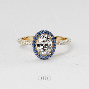 1,5 karaat ovale Lab Diamond Ring / 3D Pave verlovingsring / luxe witgouden ring / dubbele Halo blauwe saffier / verborgen Halo afbeelding 6