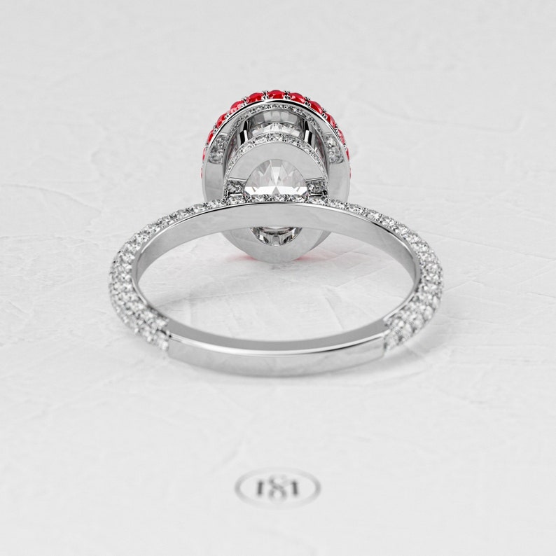 1,5 karaat ovale Lab Diamond Ring / 3D Pave verlovingsring / luxe witgouden ring / dubbele Halo Ruby / verborgen Halo afbeelding 4