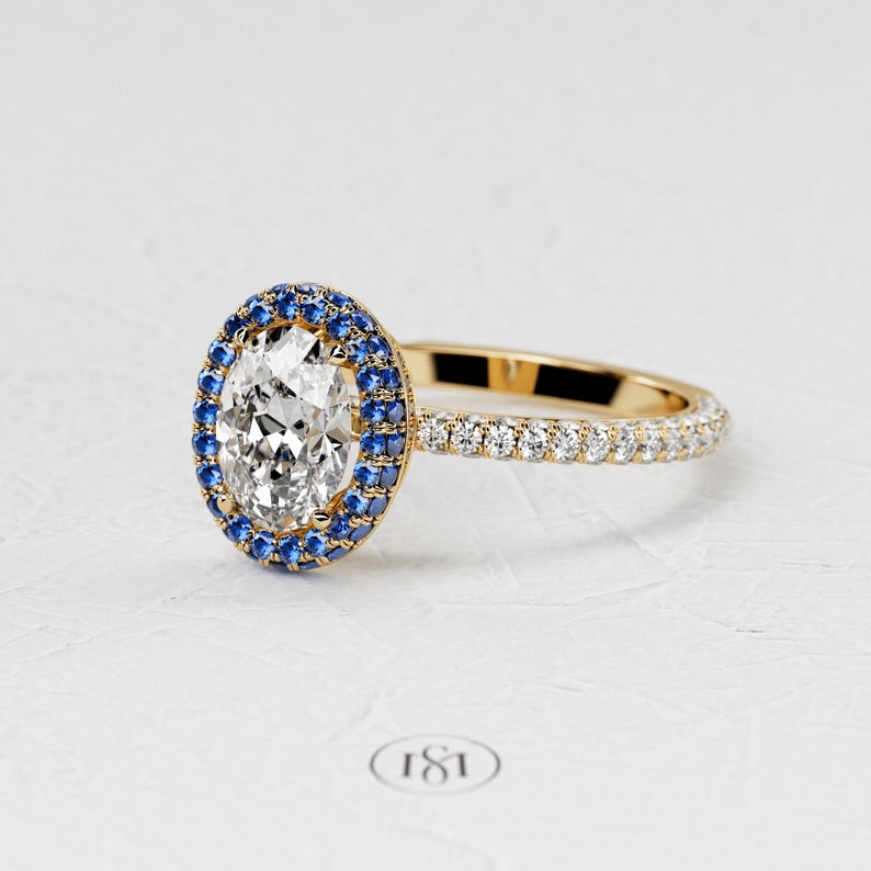 1,5 karaat ovale Lab Diamond Ring / 3D Pave verlovingsring / luxe witgouden ring / dubbele Halo blauwe saffier / verborgen Halo afbeelding 7