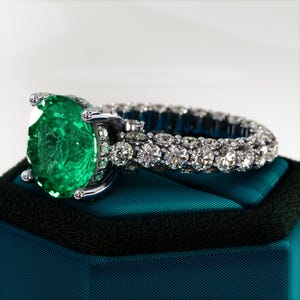 5 Carat Lab Grown Emerald Engagement Ring: Diamond Halo, Pave Setting