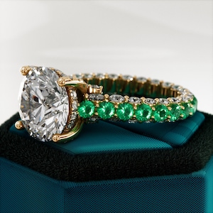 5 Carat Round Lab Grown Diamond Engagement Ring: Emerald Hidden Halo, 14k Gold