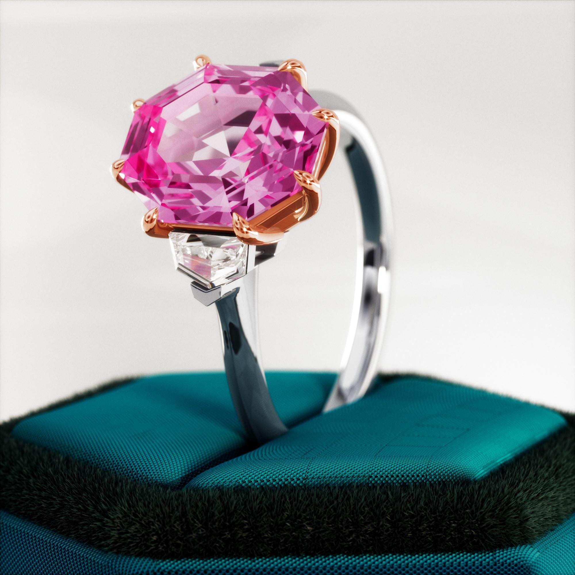 4.5 Carat Octagon Lab Grown Pink Sapphire Ring: Cadillac Diamond