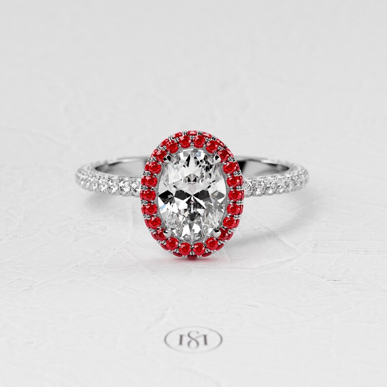 1,5 karaat ovale Lab Diamond Ring / 3D Pave verlovingsring / luxe witgouden ring / dubbele Halo Ruby / verborgen Halo afbeelding 2