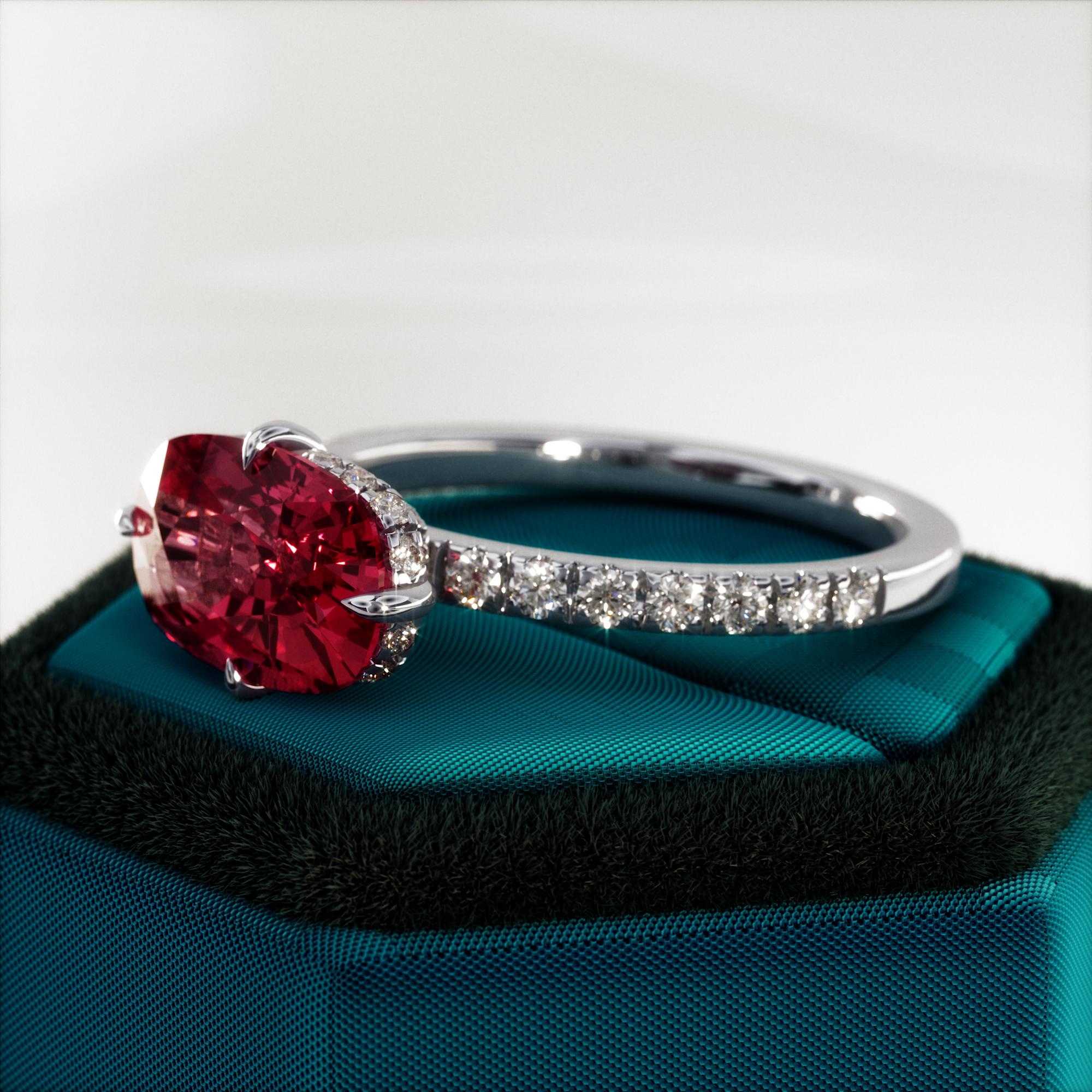 2.5 Carat Lab Grown Pigeon Blood Ruby - Elongated Cushion Cut Ring / East - West Design / Lab Grown Diamonds / Double Hidden Halo