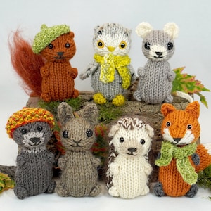 Peut inclure: Une collection de sept jouets en peluche d'animaux tricotés, dont un écureuil, un hibou, une souris, un renard, un hérisson, un lapin et un raton laveur. Les jouets portent tous des chapeaux et des écharpes et sont disposés sur une bûche avec de la mousse et des feuilles.