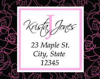 Return Address Label initials personalized gift floral Rose 70 count women stationery pink square modern customized "Mother's Day gift"
