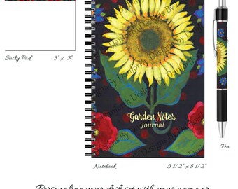 Home office Stationery set spiral notebook 80 pages lined daisies ladybug pen sticky notes red floral metal spiral sunflower desk set