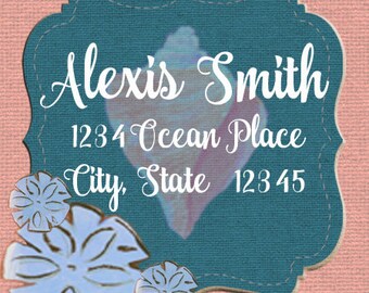 Return Address Label shells and burlap customized gift square stickers women stationery square sticker ocean sand dollar coral coastal