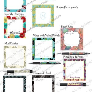 May include: A set of 10 different designs for 3x3 inch notepad paper. Each design features a different pattern, including ladybugs, dragonflies, flowers, vines, and pineapples. The designs are all in bright colors and feature a variety of textures. Each design includes a space for a message or a name.