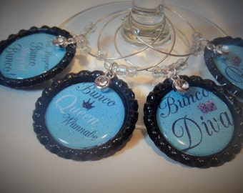 Bunco Wine Glass Charm Markers - Bunco Diva - Bunco Queen Wannabe - What Happens at Bunco Stays at Bunco - It's Bunco night! Dice Game Prize