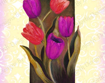 Personalize Spring Tulips customize stationery fold over cards 6 Red and violet tulips vintage border of distressed edges of violet gift box